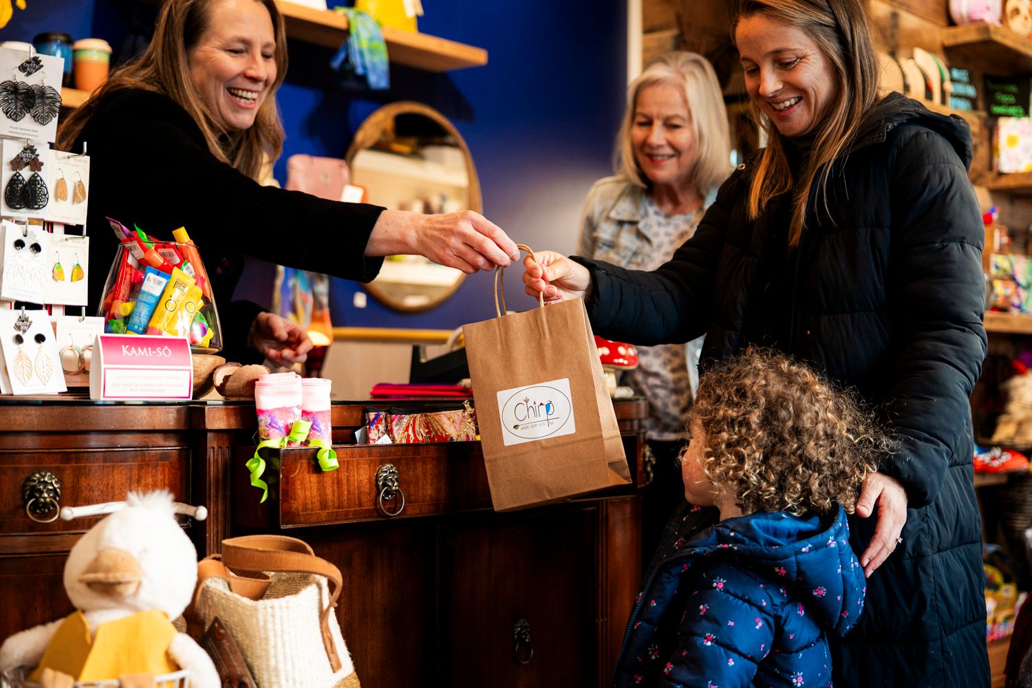A selection of colorful products at the Chirp store in Richmond, Tasmania.